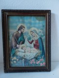 Icoana veche taraneasca, Sfanta Familie, Iosif Maria si pruncul Iisus, tablou litografie, print pe hartie, in rama de lemn, 23x30cm