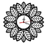 Ceas de perete decorativ realizat din disc de vinil, Model Mandala Florala cu Frunze Geometrice, Stil Bohemian, Negru, 30 cm