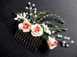 Pieptan Mireasa cu Flori Roz, Trandafiri, Perle Sticla, Margele Argintate - Accesorii Nunta Handmade