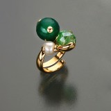 Cumpara ieftin Inel Argint 925 Placat Aur, Agat Verde, Cuart, Perla, Trilogy Reglabil, Handmade Made in Italy