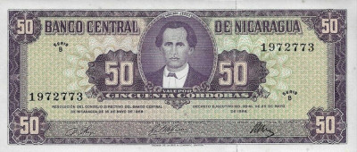 NICARAGUA █ bancnota █ 50 Cordobas █ D. 1968 █ P-119 █ SERIE B █ UNC necirculata foto