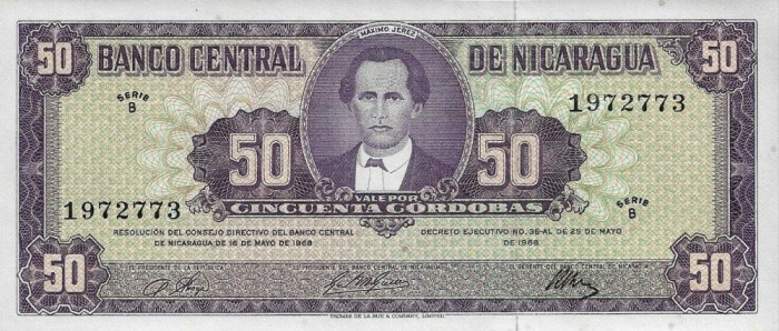 NICARAGUA █ bancnota █ 50 Cordobas █ D. 1968 █ P-119 █ SERIE B █ UNC necirculata