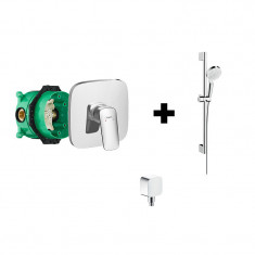 Set baterie de dus, Hansgrohe, Logis, corp incastrat, cot racord si set de para de dus cu furtun si bara