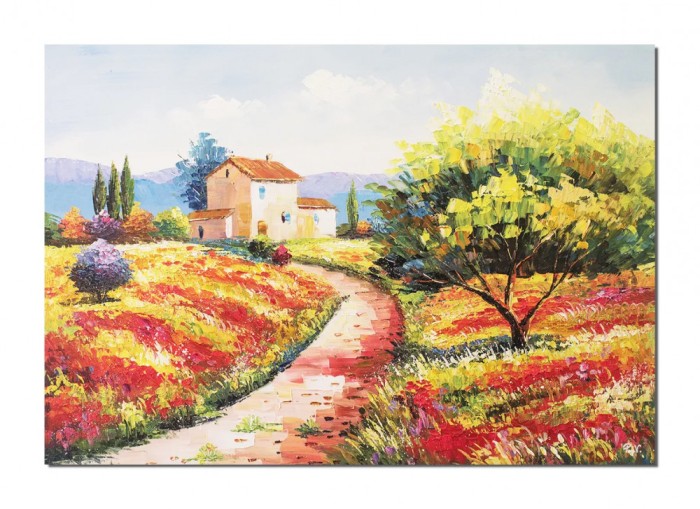 Tablou peisaj cu maci pictat manual, Colt de rai, 100x70cm ulei pe panza in cutit efect 3D, Spectaculos