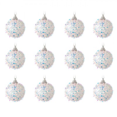 Set Globuri Crăciun, Tinsel Holografic, Spumă, Culoare Alb, Dimensiune 5cm, 12 Bucăți foto