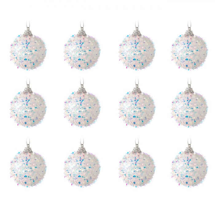 Set Globuri Crăciun, Tinsel Holografic, Spumă, Culoare Alb, Dimensiune 5cm, 12 Bucăți