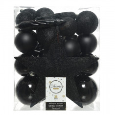 Cutie cu 33 globuri asortate si varf de brad Star Black, Decoris, plastic, negru