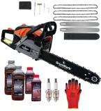 *PACHET* 8.5cp 58cmc Drujba benzina + 3 lanturi + 2 lame + x2 ulei ungere lant 1L + x2 ulei amestec 0.5L + x2 bujii + accesorii + manusi protectie, Gr