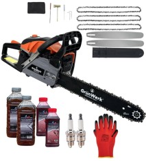 *PACHET* 8.5cp 58cmc Drujba benzina + 3 lanturi + 2 lame + x2 ulei ungere lant 1L + x2 ulei amestec 0.5L + x2 bujii + accesorii + manusi protectie, Gr