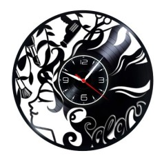 Ceas de perete decorativ realizat din disc de vinil, Model Beauty Salon, Profil Femeie, Ruj, Foarfeca, Uscator, Text Salon, Cadran Negru, 30 cm