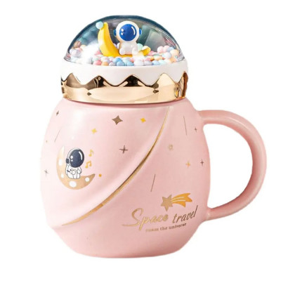 Cana cu capac tip ceainic din ceramica Pufo Travel the Space pentru cafea sau ceai, 500 ml, roz foto