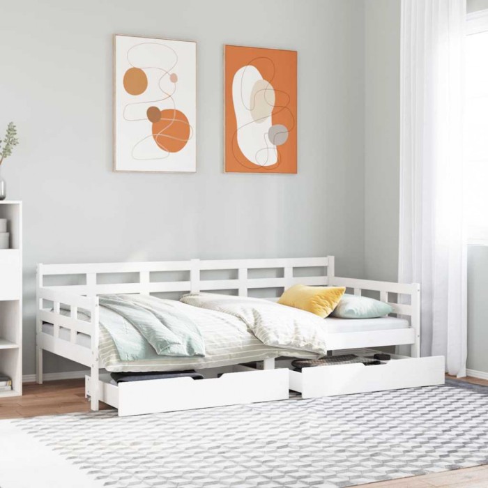 vidaXL Pat de zi cu sertare, alb, 90x190 cm, lemn masiv pin 3302143