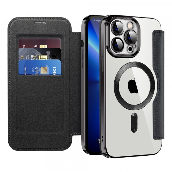 Husa MagSafe pentru Apple iPhone 13 Pro Max, Techsuit, SmartMag Book, Neagra