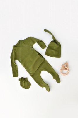 Set 4 piese: bluza, pantaloni, caciulita si manusi din bumbac organic si modal - Verde, BabyCosy (Marime: 6-9 luni) foto