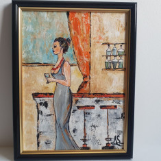 PICTURA, TABLOU modern, decorativ,"La bar" NOU, pictor roman consacrat