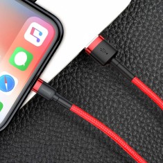 Cablu Lightning pentru iPhone 14 13 12 11 Pro Max, QC3.0 2.4A 1M, Baseus Cafule Durable Nylon - Rosu