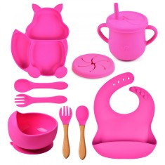 Set hranire pentru sugari, ZEQAS, varsta recomandata 6 luni+, 9 piese din silicon de calitate alimentara, termorezistent, fara BPA, model veverita, ro foto