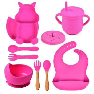 Set hranire pentru sugari, ZEQAS, varsta recomandata 6 luni+, 9 piese din silicon de calitate alimentara, termorezistent, fara BPA, model veverita, ro foto