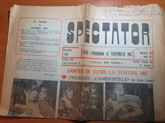 ziarul spector octombrie 1988 - foaie program al teatrului mic