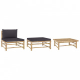 Set mobilier de grădină, perne gri &icirc;nchis, 3 piese, bambus, vidaXL