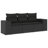 Set mobilier de gradina cu perne, 3 piese, negru, poliratan