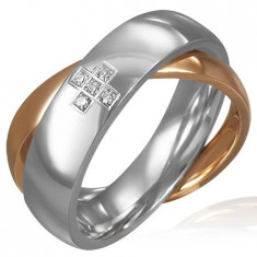 Inel în zig-zag - cruce cu zirconii, argintiu și auriu - Marime inel: 51