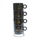 Set 4 cesti negre cu suport metalic 250 ml