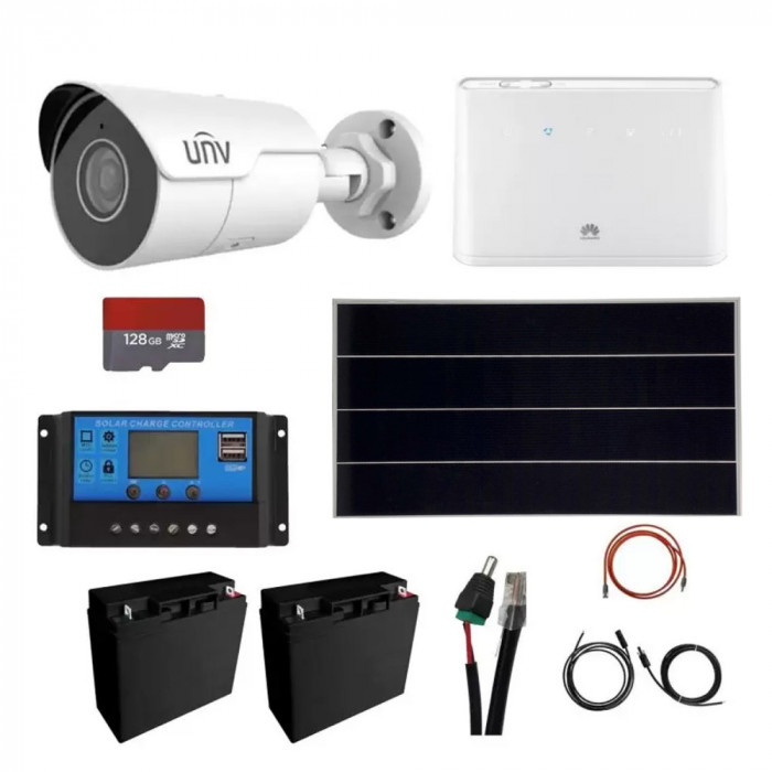 Kit supraveghere Panou solar 170W, camera 4MP IP Poe Starlight UNV IR 50M cu card de 128GB, acumulatori 12V, accesorii, Router Wireless Huawei 4G Safe