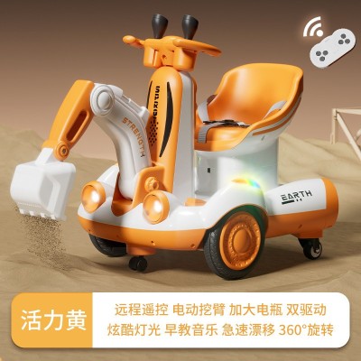 Children&amp;#039;s electric excavator balance car drift car toy - color: 6V7 large electric dual drive with remote control excavator yellow foto