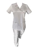 Costum Medical Pe Stil, Alb cu Elastan Cu Paspoal si Garnitură Stil Japonez, Model Nicoleta - 3XL, 4XL