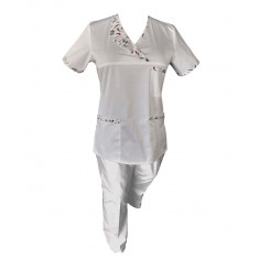 Costum Medical Pe Stil, Alb cu Elastan Cu Paspoal si Garnitură Stil Japonez, Model Nicoleta - L, M