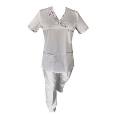Costum Medical Pe Stil, Alb cu Elastan Cu Paspoal si Garnitură Stil Japonez, Model Nicoleta - 3XL, 2XL
