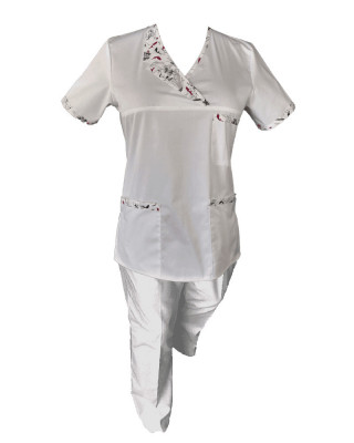 Costum Medical Pe Stil, Alb cu Elastan Cu Paspoal si Garnitură Stil Japonez, Model Nicoleta - XS, XL foto