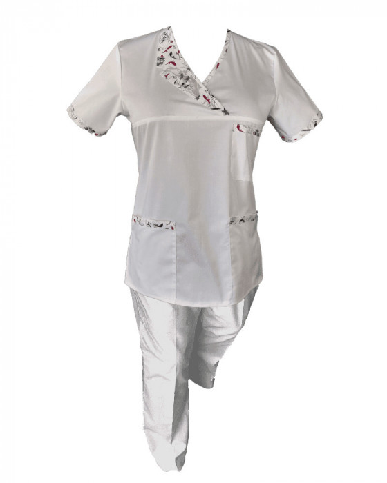Costum Medical Pe Stil, Alb cu Elastan Cu Paspoal si Garnitură Stil Japonez, Model Nicoleta - XS, XL