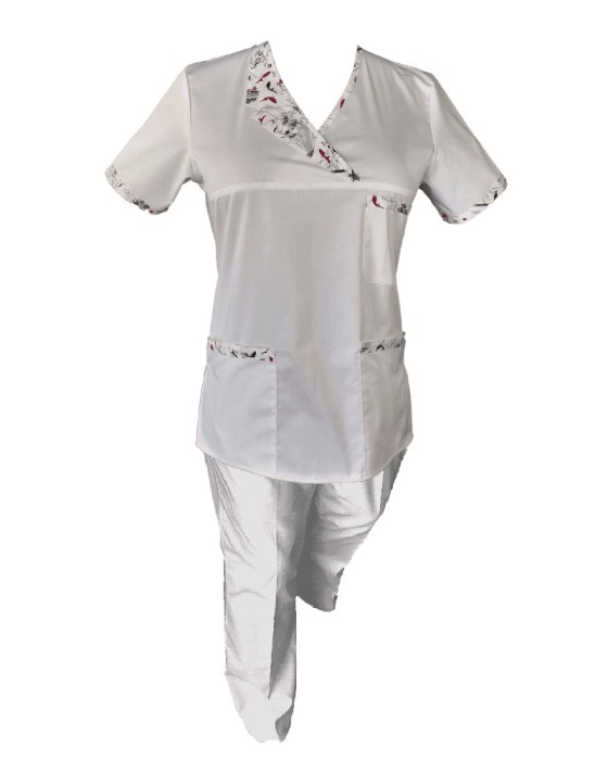 Costum Medical Pe Stil, Alb cu Elastan Cu Paspoal si Garnitură Stil Japonez, Model Nicoleta - 4XL, 2XL