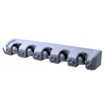 Suport fix de perete pentru agatat diverse unelte, 5 fante, 6 agatatori, plastic, gri foto