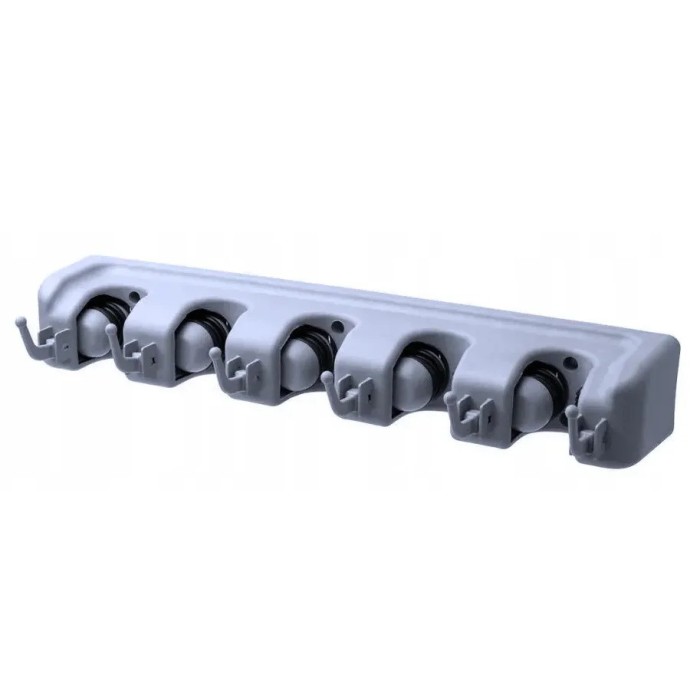 Suport fix de perete pentru agatat diverse unelte, 5 fante, 6 agatatori, plastic, gri