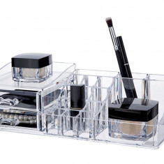 Organizator pentru cosmetice Compactor, 16 compartimente si 2 sertare, transparent