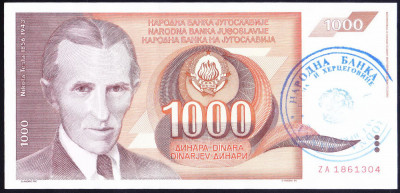 Bancnota Bosnia si Hertegovina 1.000 Dinari (1992) - P2b UNC ( serie ZA ) foto