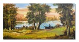 Cumpara ieftin Tablou living apus de soare cu pescari pictat manual, 120x60cm ulei pe panza, Constantin Feraru