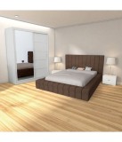 Dormitor Maro cu Pat Tapitat Catifea, Dulap 150x208 cm, Pat 160x200 cm, Tablie 120 cm