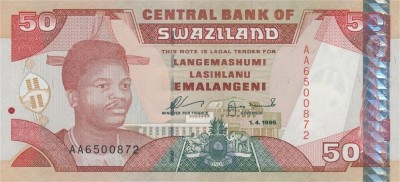 SWAZILAND █ bancnota █ 50 Emalangeni █ 1995 █ P-26a █ UNC █ necirculata foto