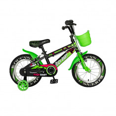 Bicicleta pentru copii Rich Baby, 14 inch, frane C-Brake, roti ajutatoare cu LED, maxim 30 kg, 3-5 ani, Verde/Negru foto
