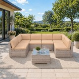 Set mobilier de gradina modular 7 piese, technoratan bej, masa sticla