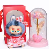 Cadou Valentines Jucarie de plus breloc - tip Labubu - 15 cm si aranjament floral 21 cm