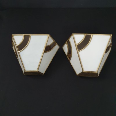 Aplice, Art Deco, MCM, alamă, sticlă stil Tiffany, Hustadt, vintage foto