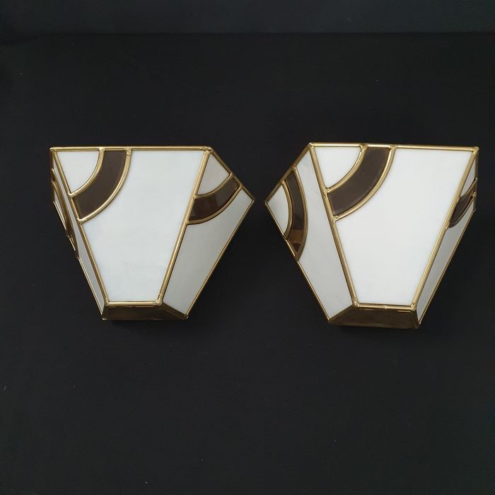 Aplice, Art Deco, MCM, alamă, sticlă stil Tiffany, Hustadt, vintage
