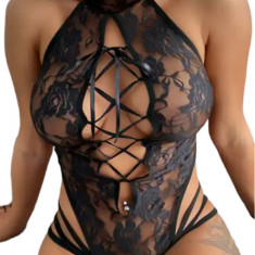 Lenjerie erotica intima sexy tip body mesh din dantela elastica, ajustabila pe corp, semitransparenta, cu chilot tanga si detaliu tip corset, negru, M