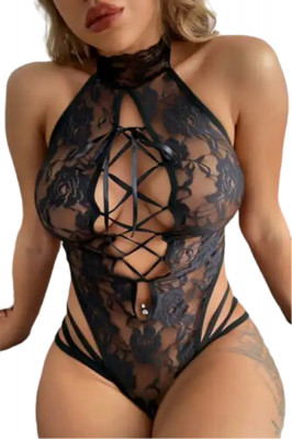 Lenjerie erotica intima sexy tip body mesh din dantela elastica, ajustabila pe corp, semitransparenta, cu chilot tanga si detaliu tip corset, negru, M foto