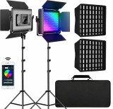 Panou video GVM RGB cu Softbox, Set 2 x LED 45W, 15000 Lux 0.5 m, CRI97+, 3200K-5600K, Control prin aplicatie, 2 stative, geanta transport